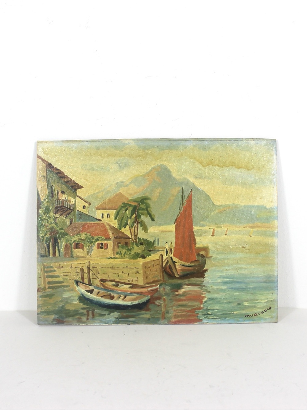 Signed Vintage Painting, Marina Sailboats, Mid-Century Nautical Art Fishing Boat